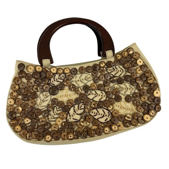 Coldwater Creek Buttons & Beads Canvas Handle Tan Handbag - Picture 1 of 7